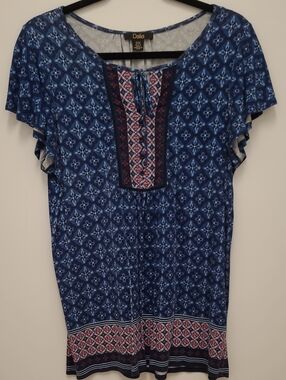 Dalia Navy and Red Patterned Short Sleeve Tunic Top